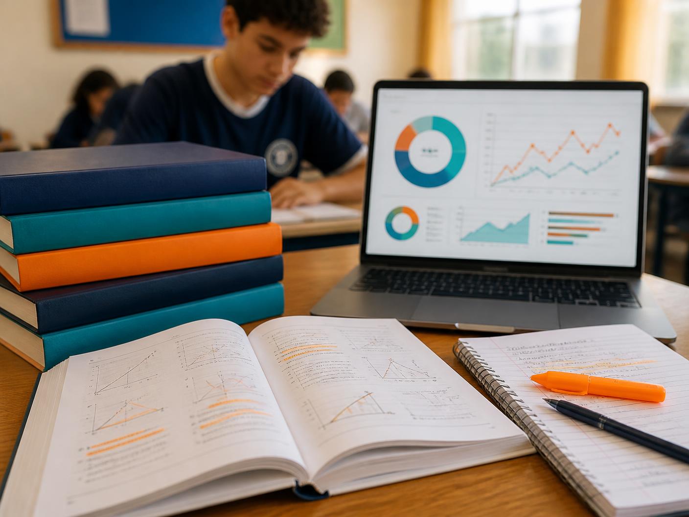 Material didático do Sistema de Ensino Poliedro aberto na mesa, ao lado de simulado digital no notebook
